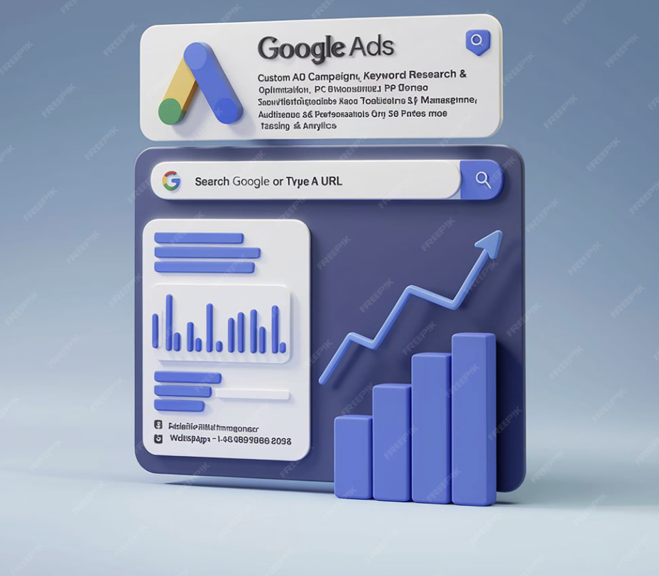 Google Ads dashboard with search bar, bar charts and growth arrow