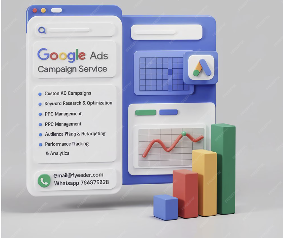 Google Ads Campaign Service showing custom campaigns, keyword research, PPC management and analytics